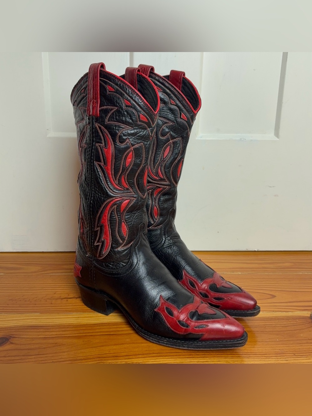 Vintage Dan Post Black Red Western Cowboy Boots Womens Size 6.5 M